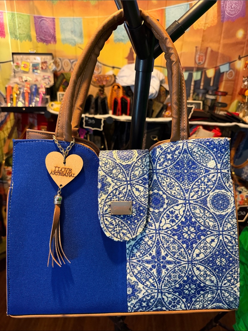 Blue Patterned Tote with Tassel Charm by